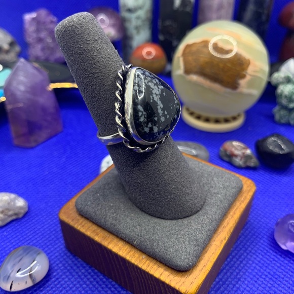 Comfort Curl ADJUSTABLE Beautiful Snowflake Obsidian Ring! .925 Sterling Overlay - Picture 4 of 16